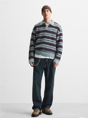 Zara Striped Fuzzy Polo Sweater in Light Blue & Dark Brown